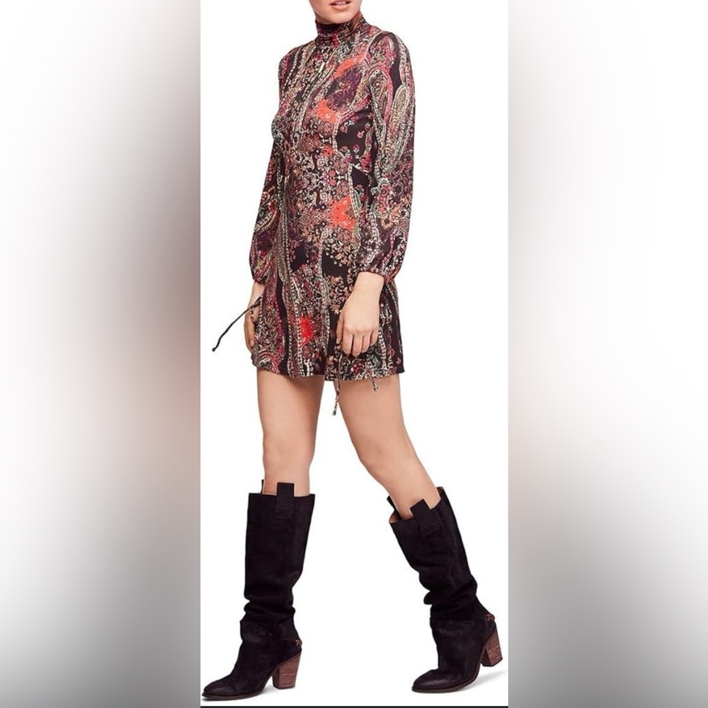Free People Burgundy Paisley Long Sleeve Mini Dress